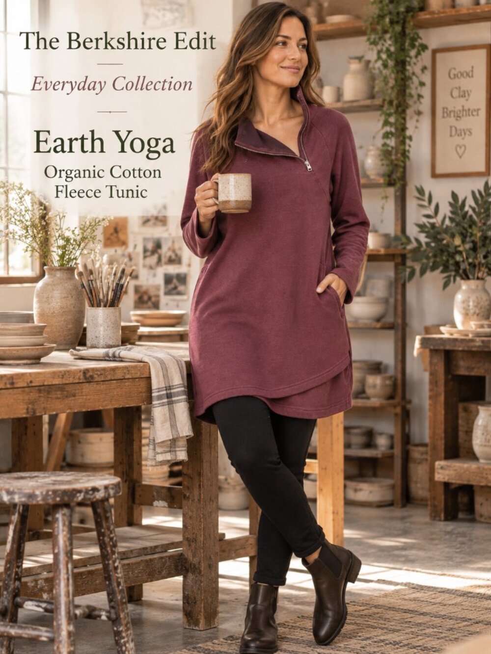 Earth Yoga Organic Cotton Fleece Tunic Dress XXL Burgundy Asymmetric Zip Pocket